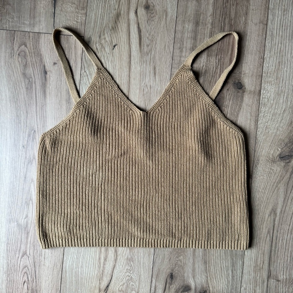FRYE Cotton Crochet Knit Vneck Tank Top Breezy Adjustable Strap Tan Brown Large